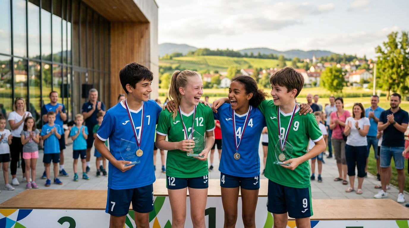 Mladi športniki na lokalnem dogodku na stopničkah